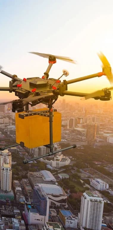 A delivery drone carrying a package above a city at sunset