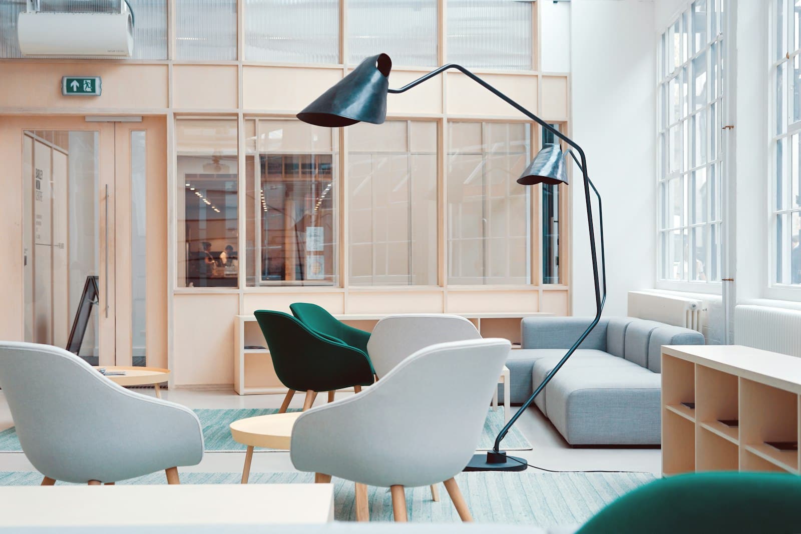 Bright, modern office interior with collaborative seating