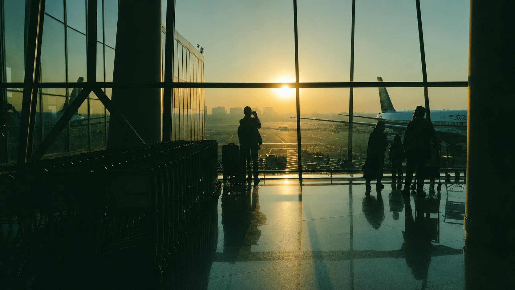 Travellers silhouetted against an airport terminal window at sunset