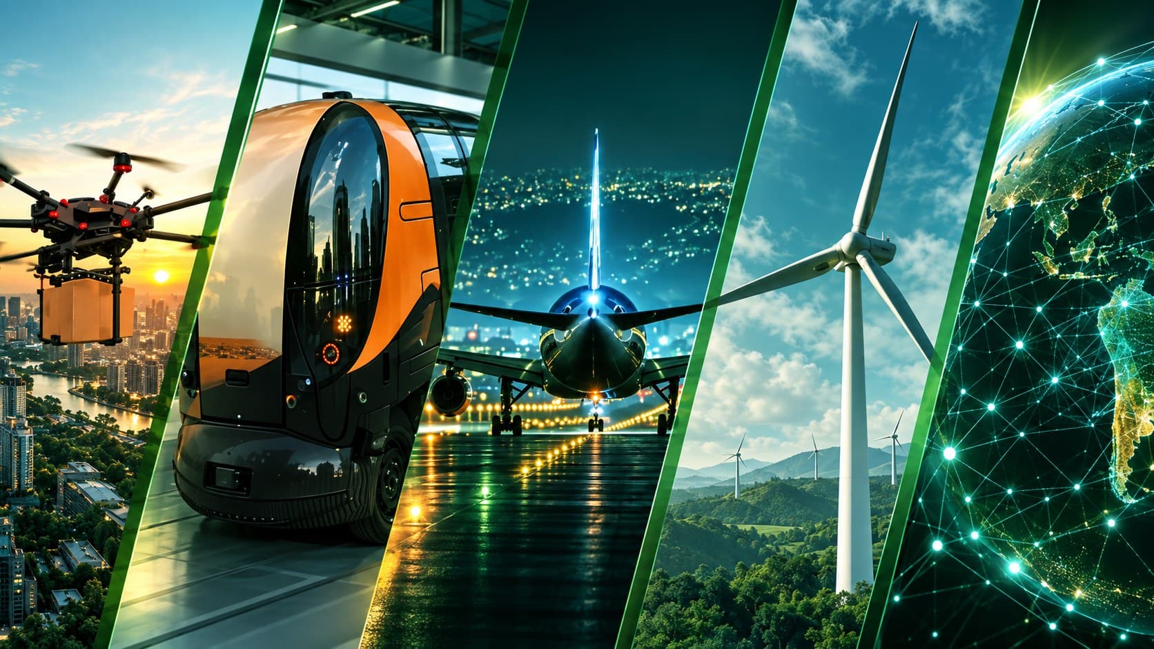Collage of ICAD division imagery — drone delivery, autonomous transport, aviation, wind energy and AI