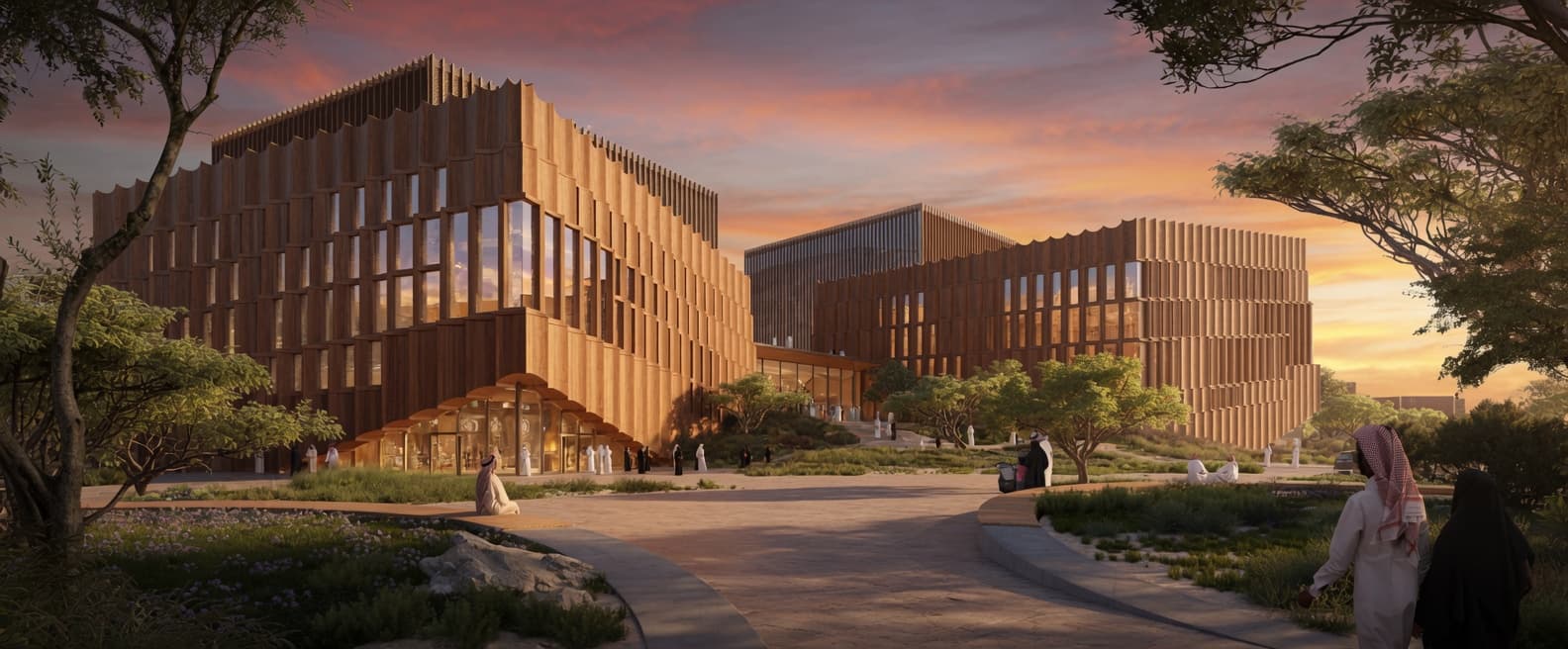 Wooden-lattice cultural buildings in a landscaped plaza at sunset